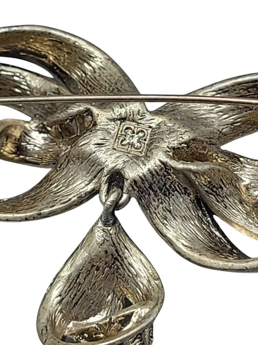 Bow Brooch Etched Multi Loop Dangling Design Rhinestone Accented Pin